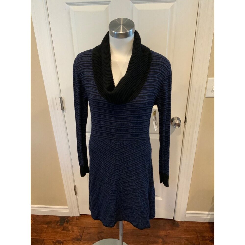 Prana Blue & Black Striped Knit Dress W/ Cowl Neck, Size Large